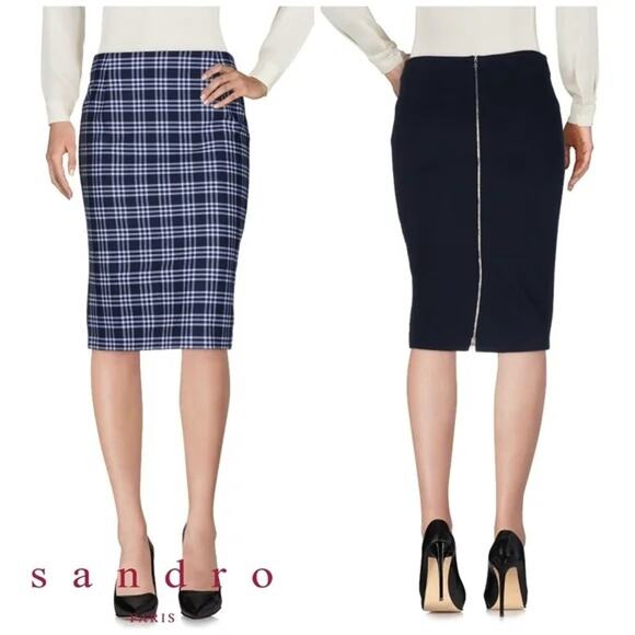 Sandro Plaid Full Zip Pencil Skirt Blue Black White Plaid Solid Back Prep Small - Picture 1 of 8
